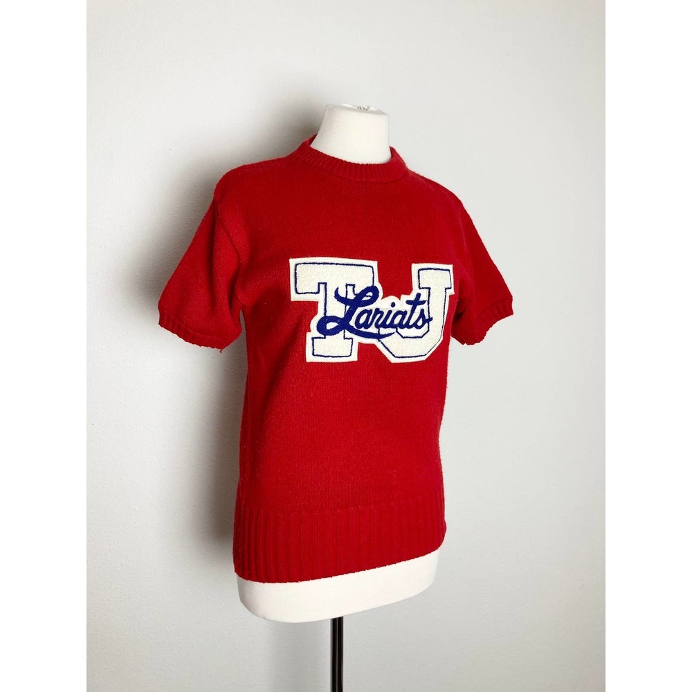 Vintage Red Crewneck Sweater with White and Blue Appliqué - Picture 2 of 7